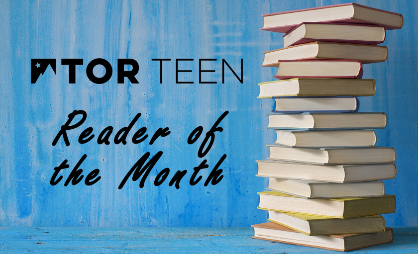 Reader of the Month text, stack of books